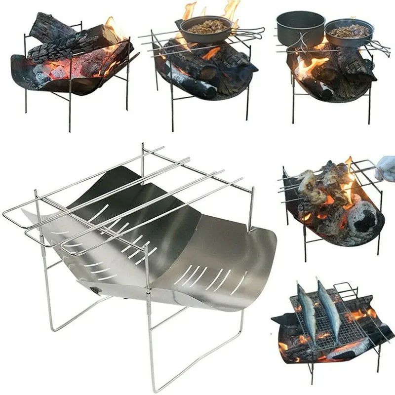 YourcityHot Selling Bbq Stainless Steel Folding Grill Barbecue Portable Firewood Stand Camping Hunting Bonfire Outdoor Equipment