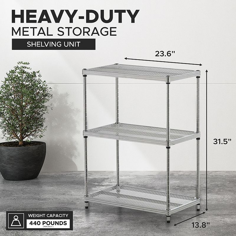 Design Ideas Meshworks 3 Tier Full-size Metal Storage Shelving Unit Rack， Silver