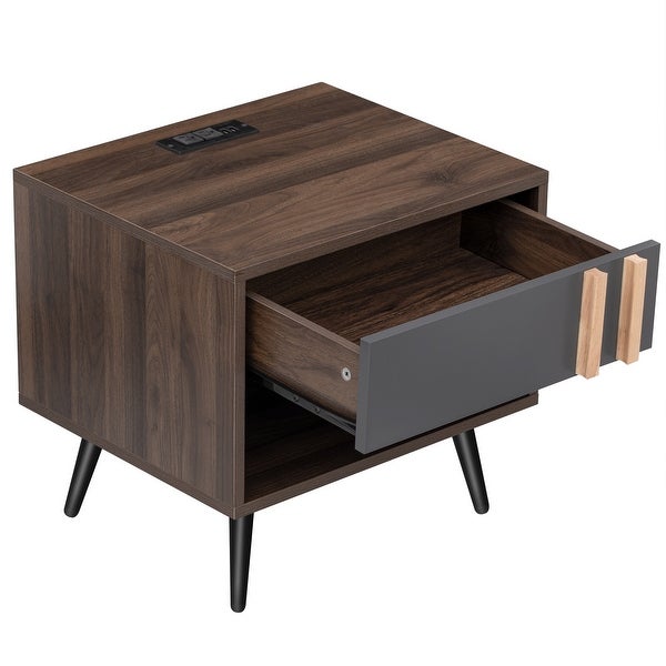 Wooden Nightstand with USB Charging Ports， End Table