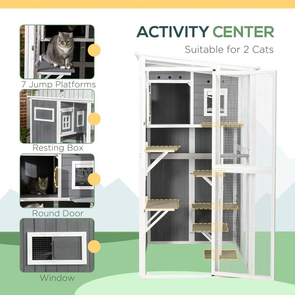 PawHut Walk-in Catio Outdoor Cat Enclosure Large for Multiple Cats of Any Size, 7 Jumping Platforms & Divided Den, Gray D32-016V00CG