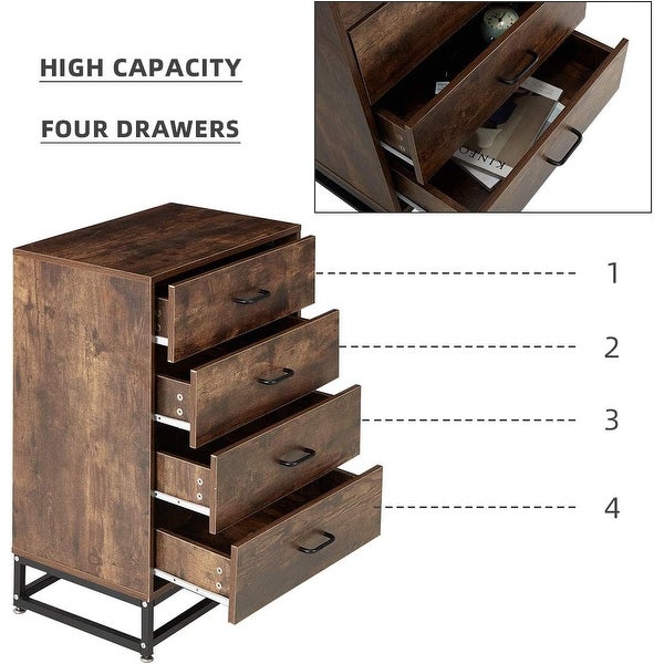 EROMMY Chest of Drawers， Industrial Tall Dresser with 4 Drawers，Wood Storage Cabinet with Sturdy Metal Frame - - 37506100