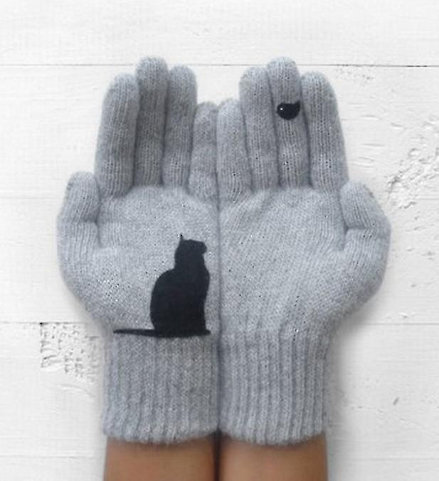 Women's Gloves Winter Warm Cold Cashmere Gloves Thick Cartoon Cat Print Wool Knitted Full Finger Gloves2setgrey+pink