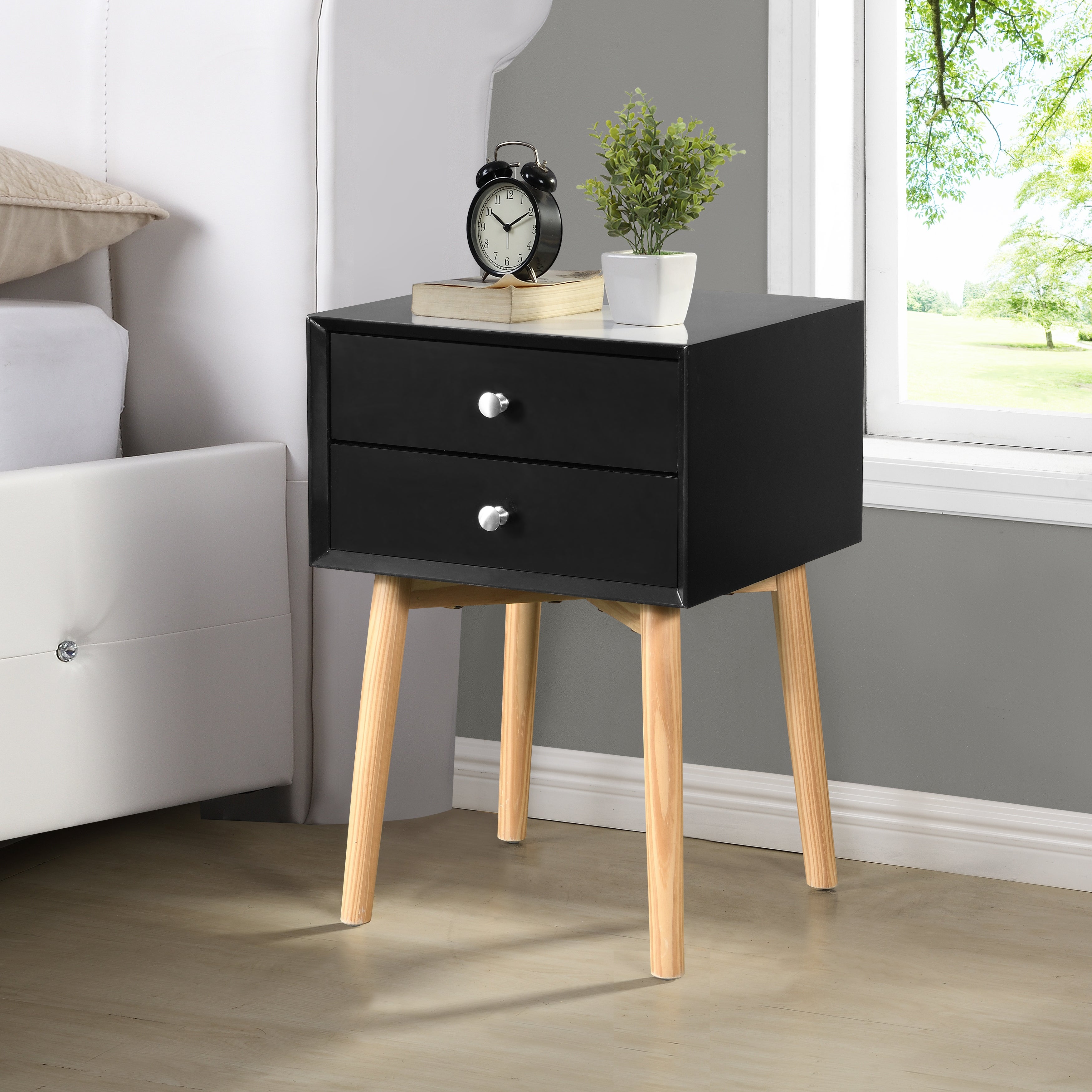 Mid-Century Modern Side Table with 2 Drawer， Round Metal Knobs and Rubber Wood Legs， 15.7