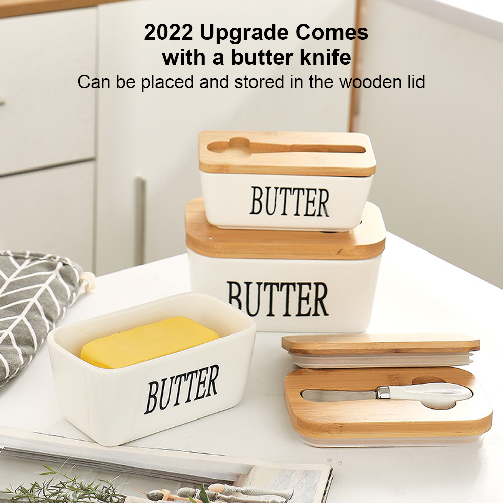 HKEEY Butter Dish， Ceramic Butter Dish with lid and Stainless Steel Butter Knife Spreader， Butter Keeper Double Silicone Seals， Easy Clean， Butter Dishes with Covers