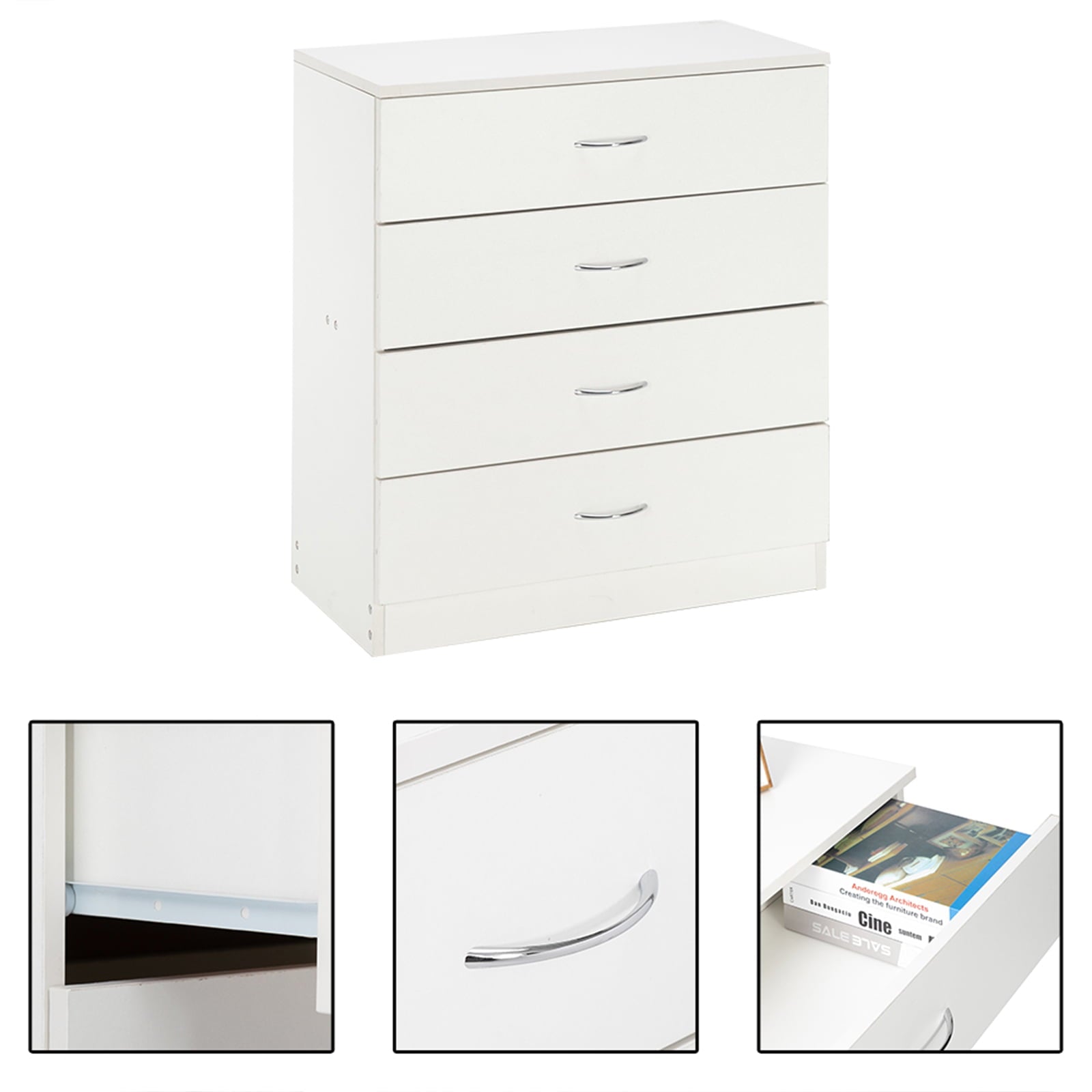 UBesGoo 4-Drawer Dresser Pure White with Metal Handles Bedside Night Stand Bedroom Best Furniture