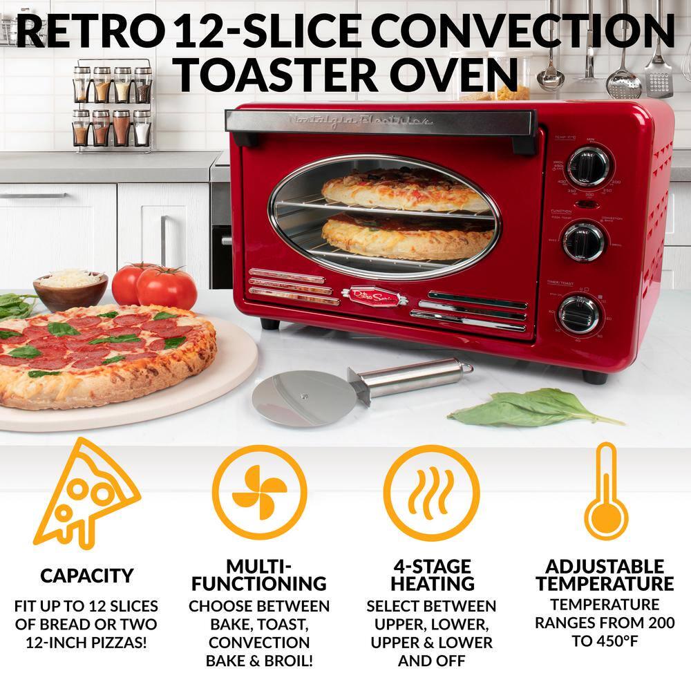 Nostalgia Retro Series 12Slice Red Convection Toaster Oven with Builtin Timer