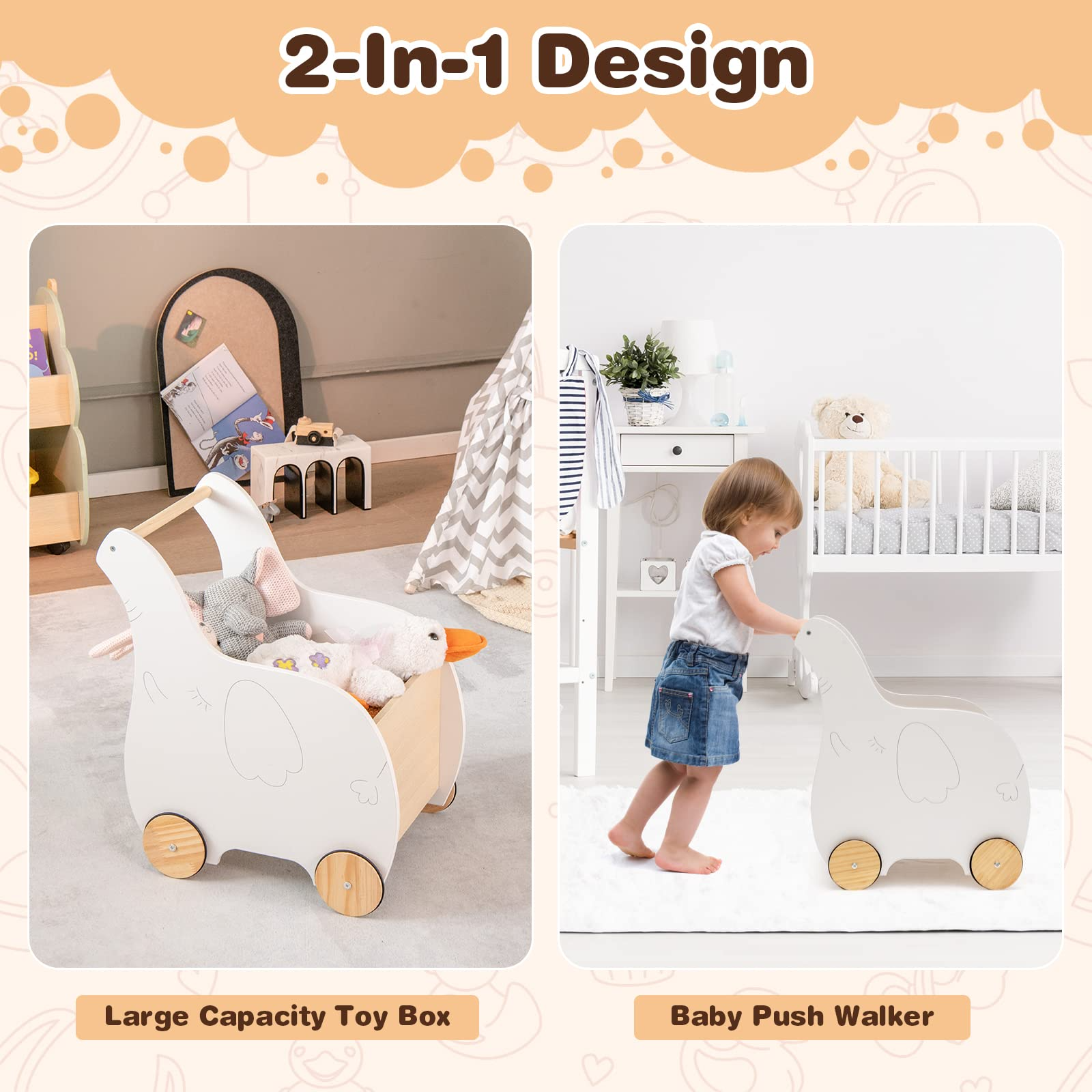 BABY JOY Baby Wooden Push Walker, 2-in-1 Toddler Learning Walker w/ Toy Storage Chest