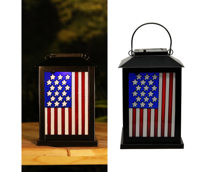 Assorted Alpine Solar Metal USA Flag Lantern with Light SLL1384BB