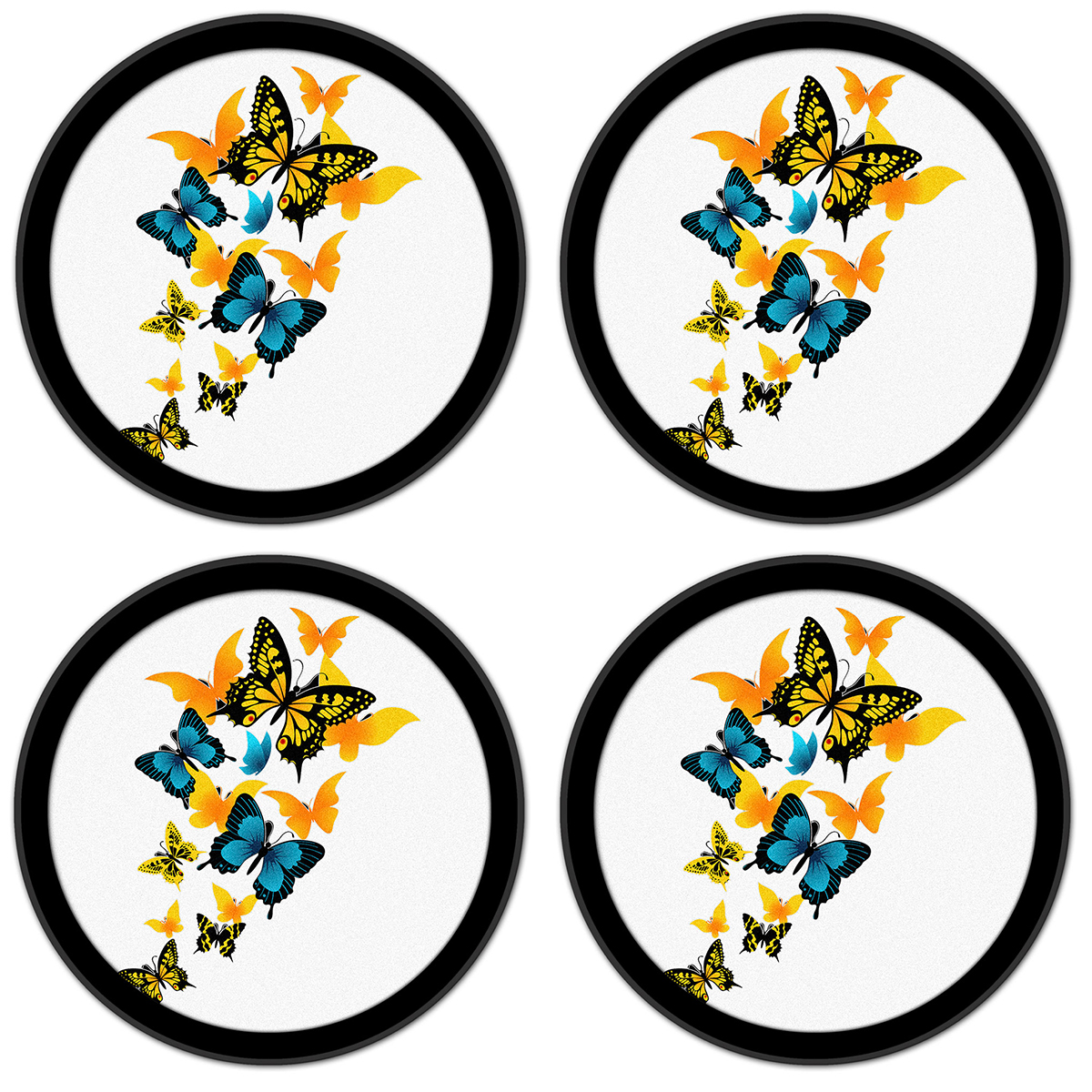 Silicone Non-Slip Drink Coasters with Removable Printed Absorbent Felt Pad - Set of 4 - Blue and Yellow Butterflies