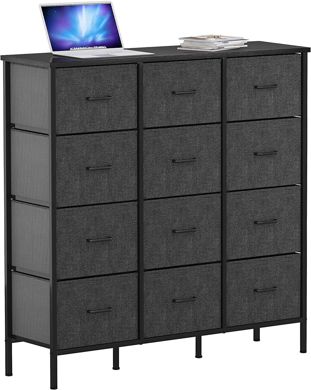 DWVO Fabric Dresser with 12 Drawers - Furniture Storage Tower Unit for Bedroom, Hallway, Closet, Office Organization, End Table Dresser - Steel Frame，Black Grey