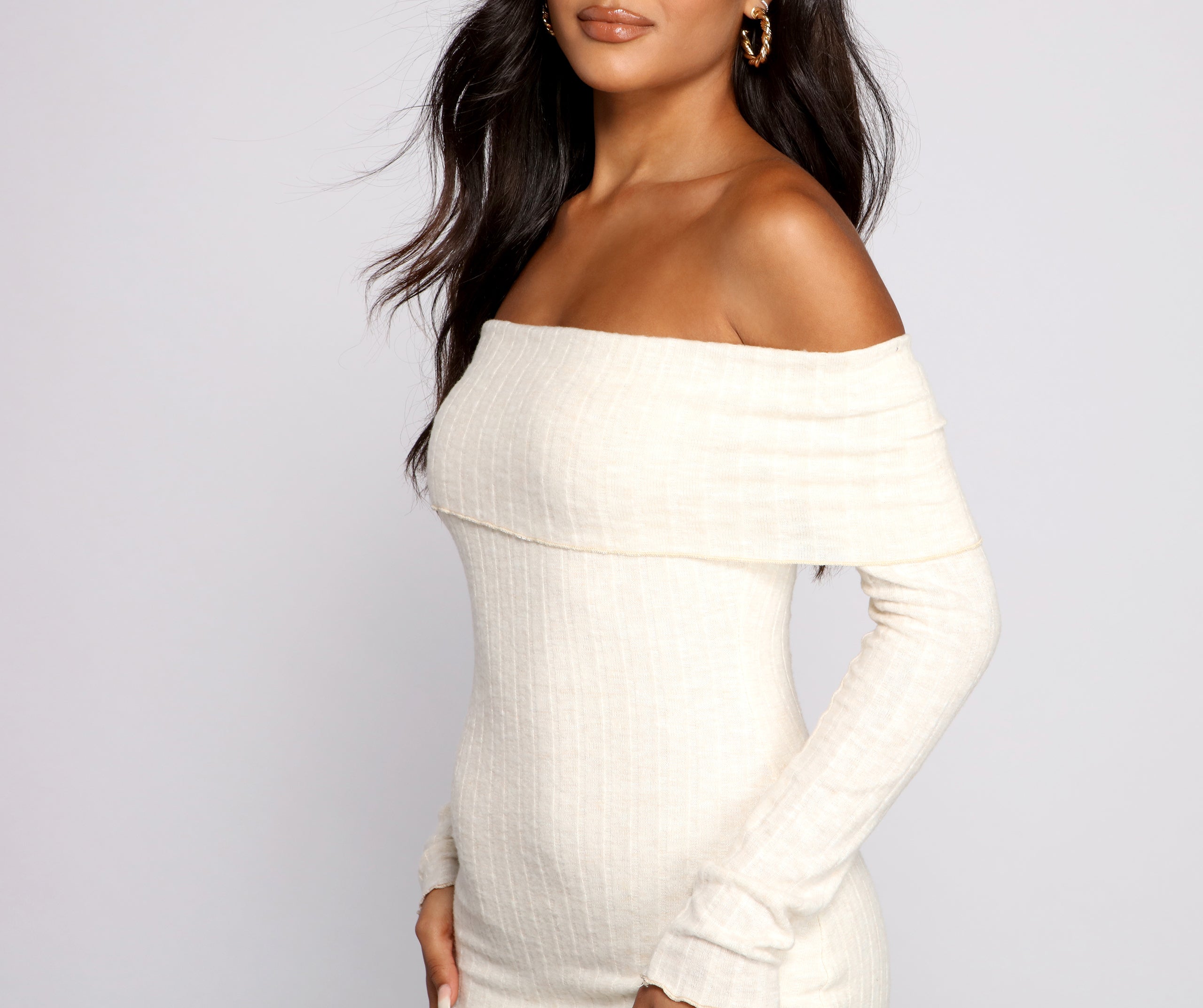 Off The Shoulder Brushed Knit Mini Dress