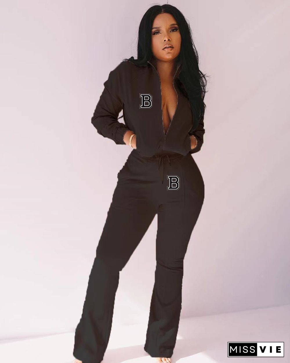 Sportswear Zip-up Jacket Flare Pants Two Piece Sets