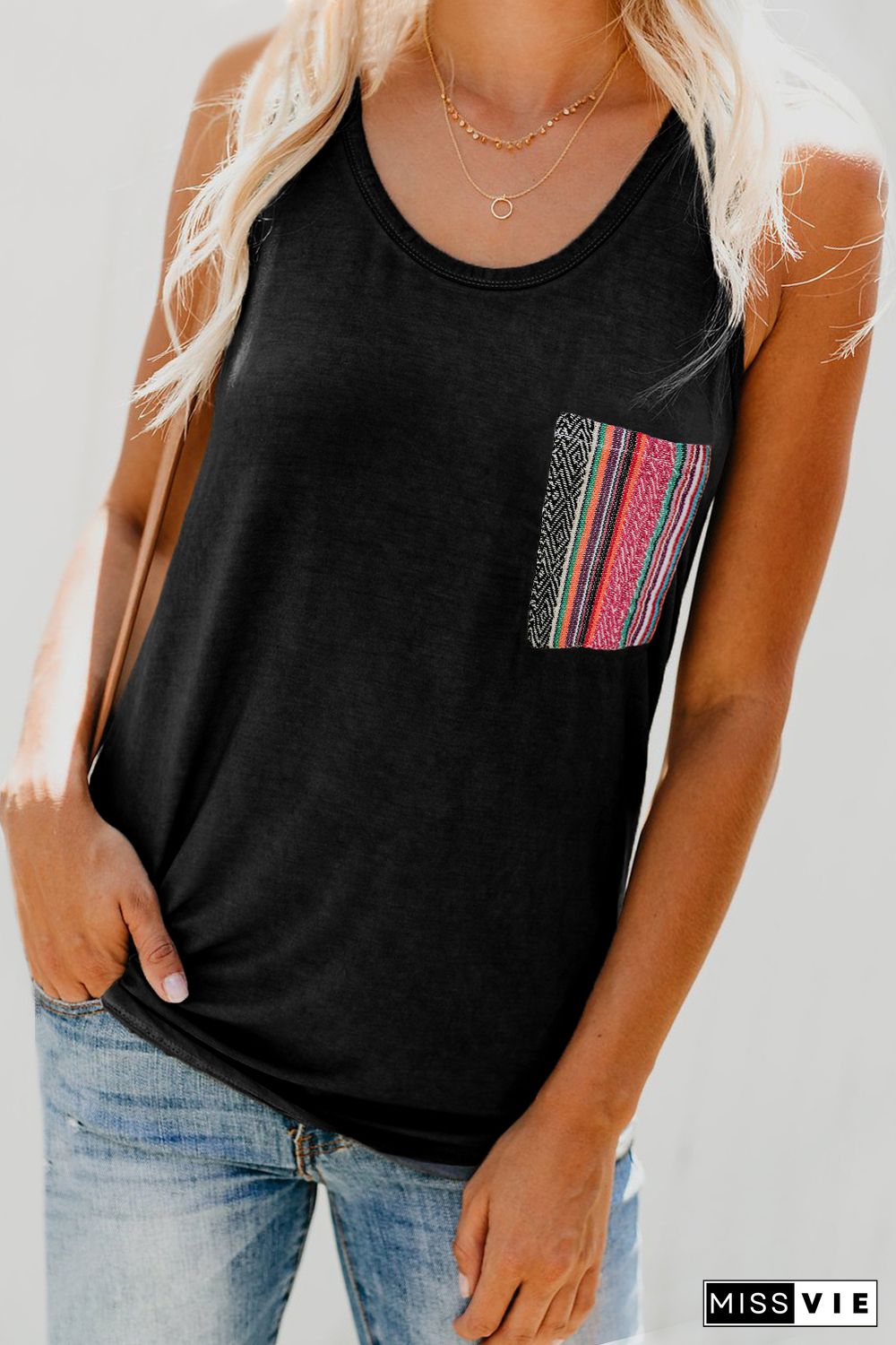 Black Casual Women Tank Top with Multicolor Pocket