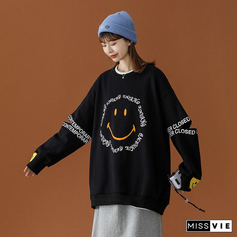 Smiley Letters Print Loose Sweatshirt