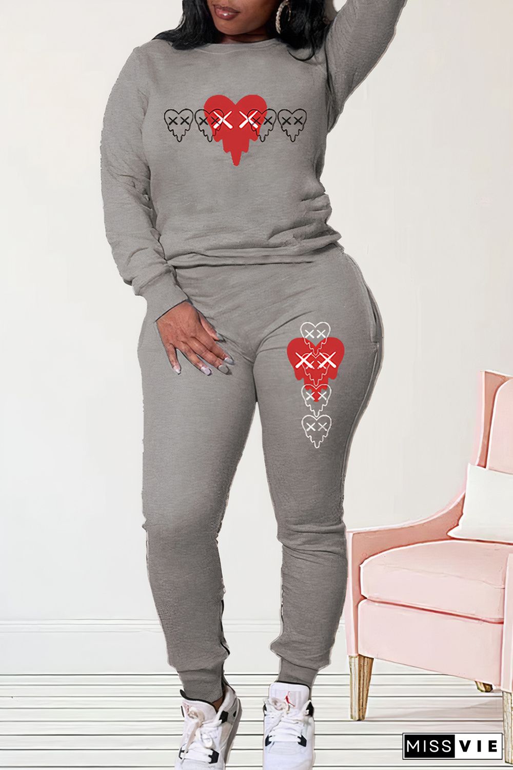 Heart Print Round Neck Sweatshirt & Pants Set