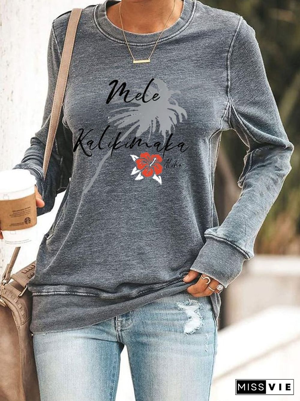 Women's Christmas Hawaiian Mele Kalikimaka Hibiscus Flower Print Sweatshirt