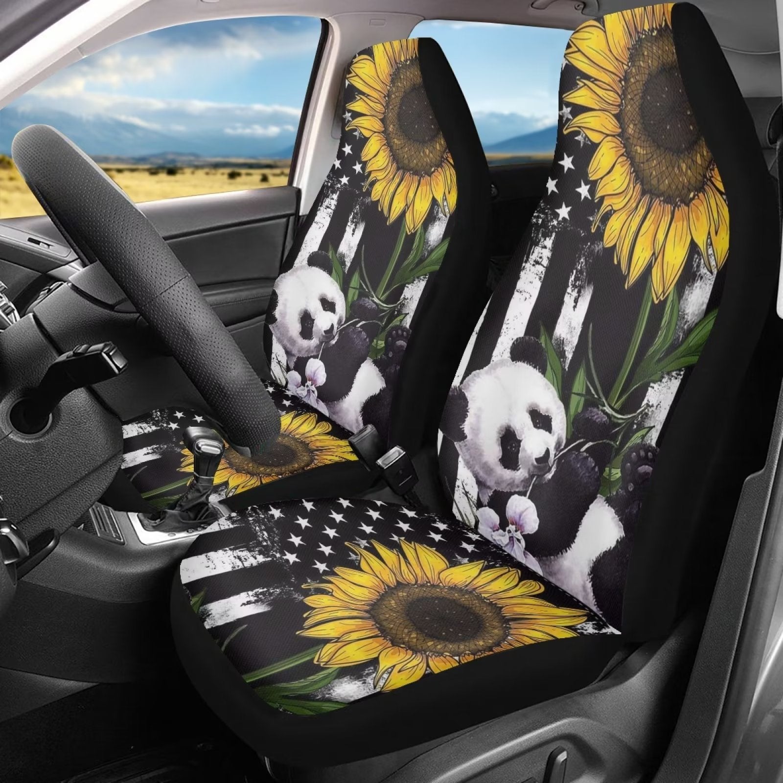 FKELYI Sunflower and Panda Car Seat Covers Set for Men，2pcs，Soft Front Driving Bucket Seat Cushion Covers Protector Kit，Universal Fit for Most Vehicle Cars，Four Seasons Use