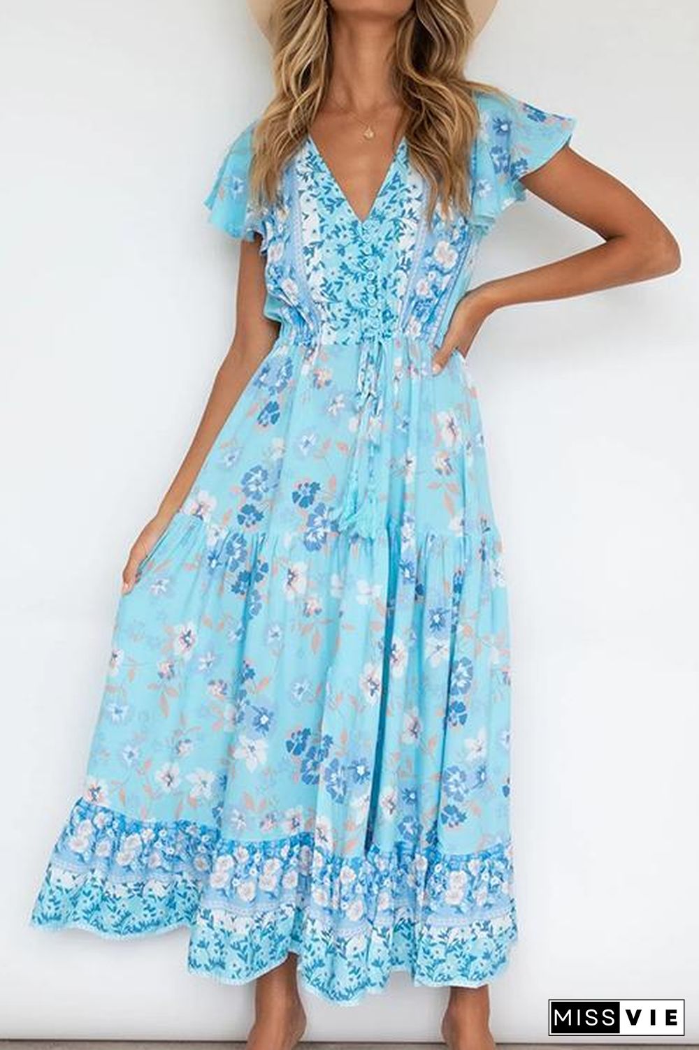 V-Neck Button Blue Floral Dress