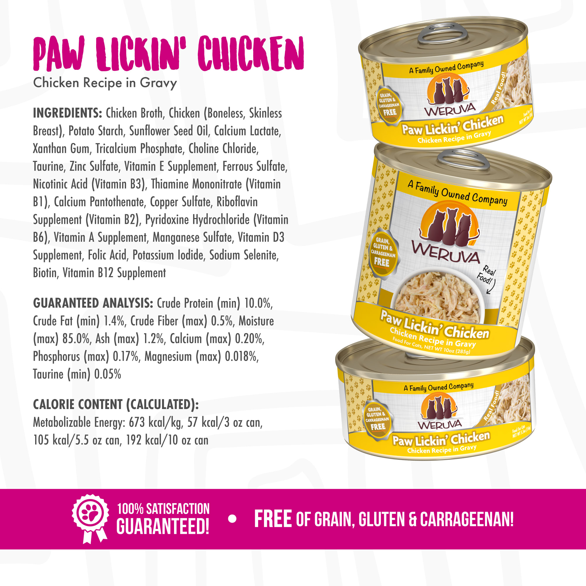 Weruva Classics Paw Lickin Chicken Chicken Recipe in Gravy Wet Cat Food， 3 oz.， Case of 24