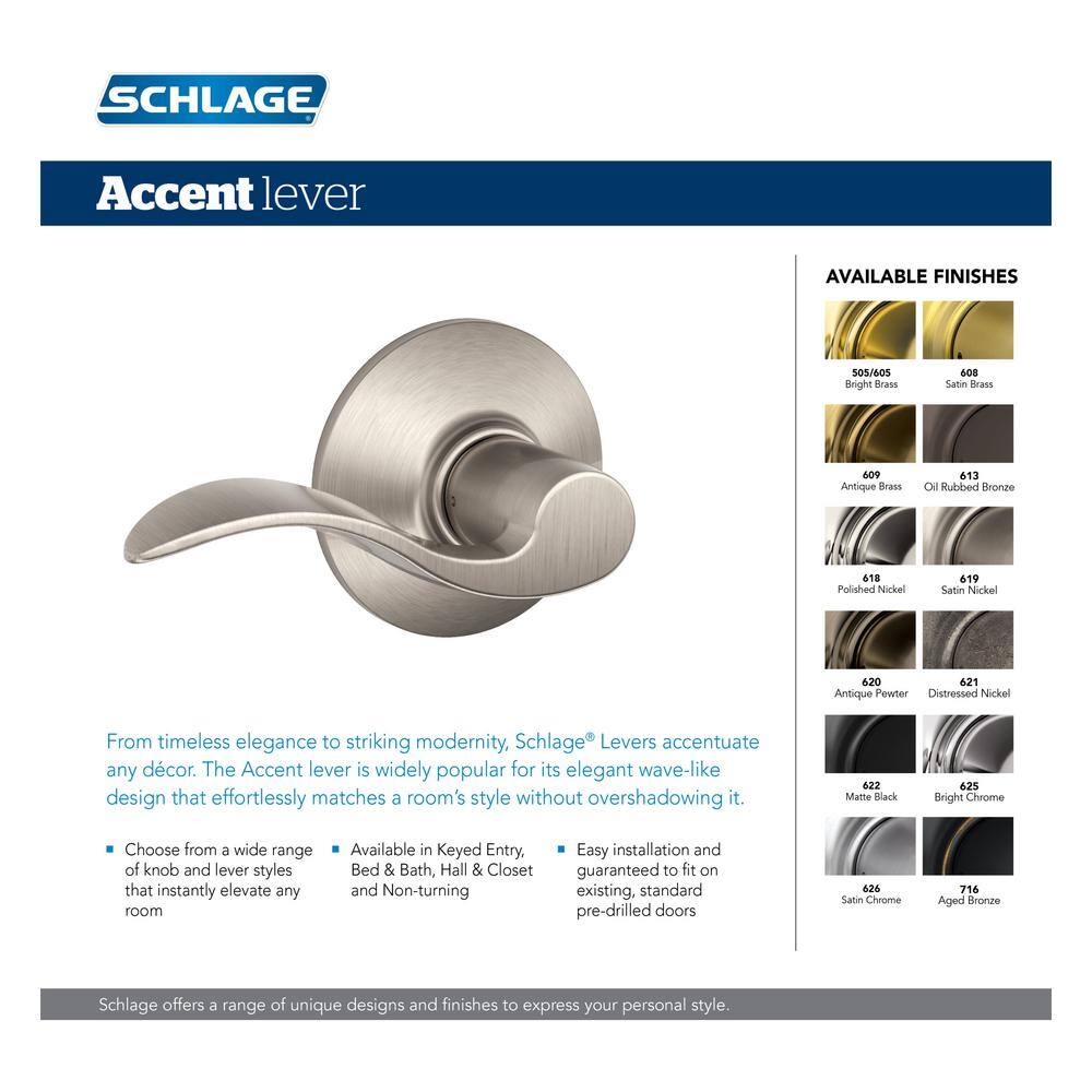 Schlage Accent Satin Nickel Right Handed Dummy Door Lever with Camelot Trim F170 V ACC 619 CAM RH