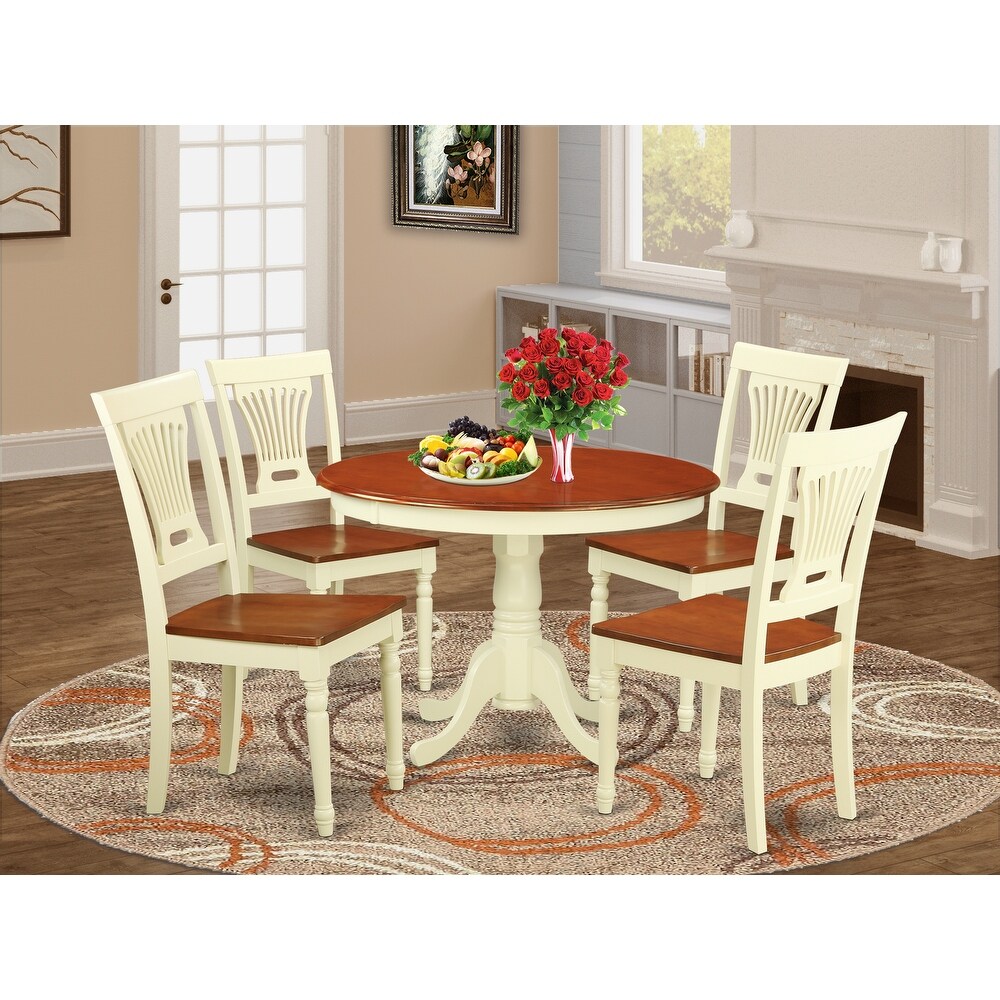 East West Furniture 5 Piece Dining Set  a Round Table with Pedestal and 4 Chairs  Buttermilk   Cherry(Seat Type Options)