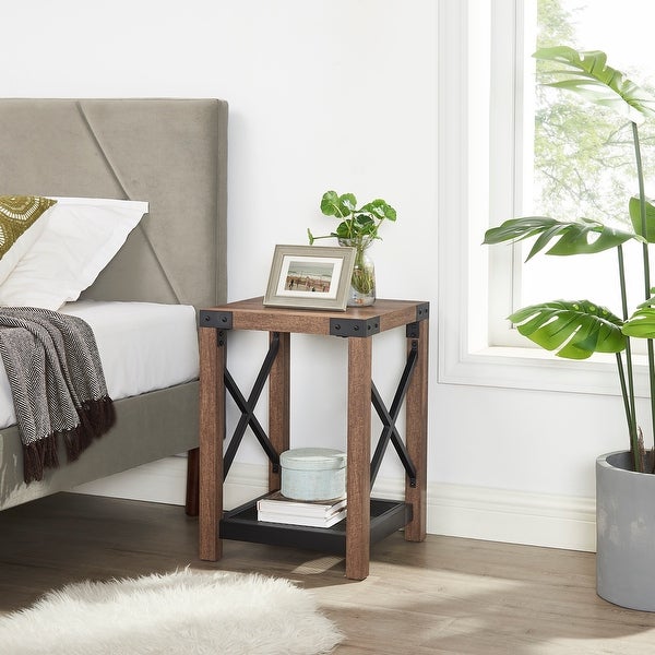 Farmhouse Wood Side Table， Nightstand with Mesh Shelf