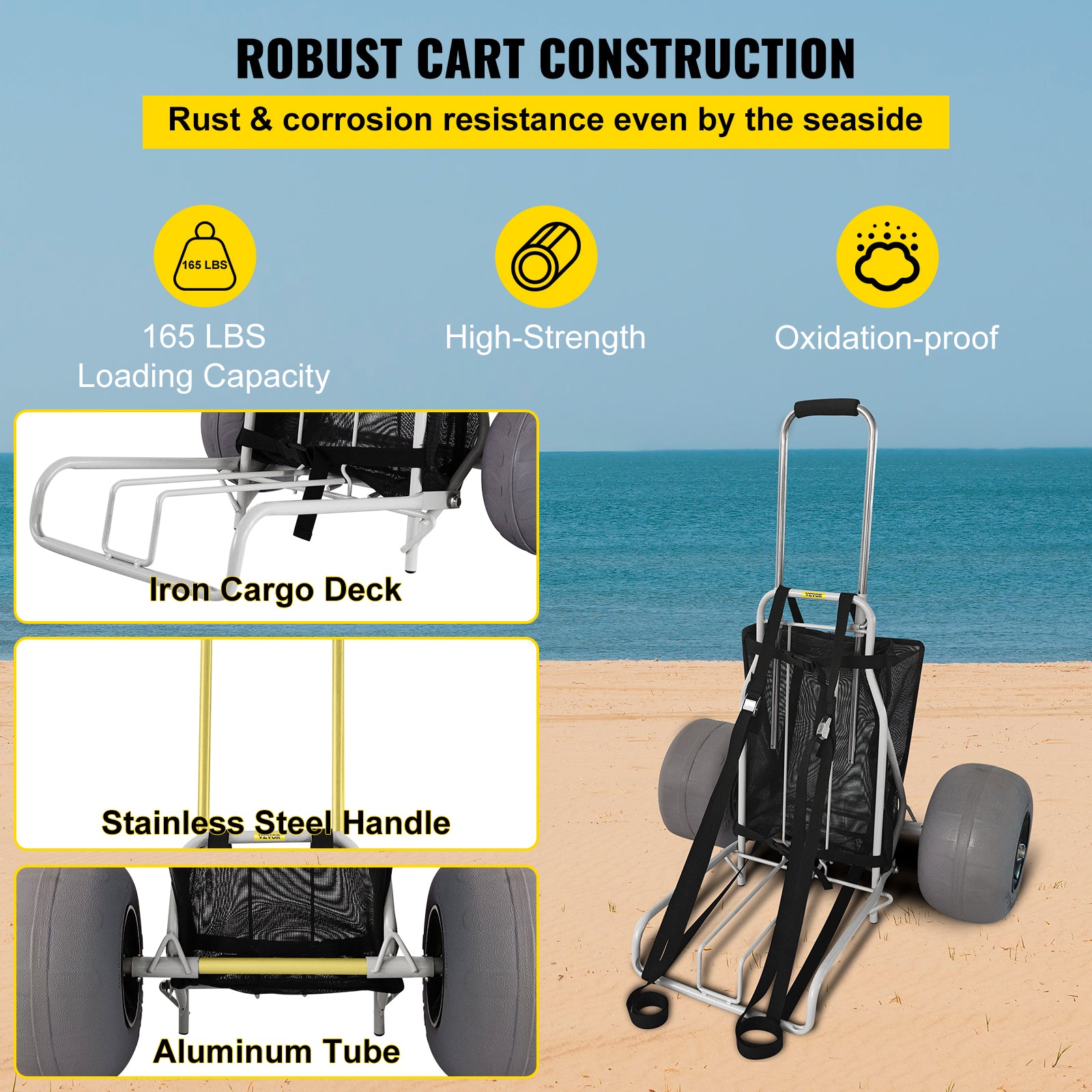 VEVOR Beach Carts&nbsp;for the Sand, w/ 12" TPU Balloon Wheels, 165Lbs Loading Capacity Folding Sand Cart & 29.5'' to 49.2'' Adjustable Height, Heavy Duty Cart for Picnic, Fishing, Beach