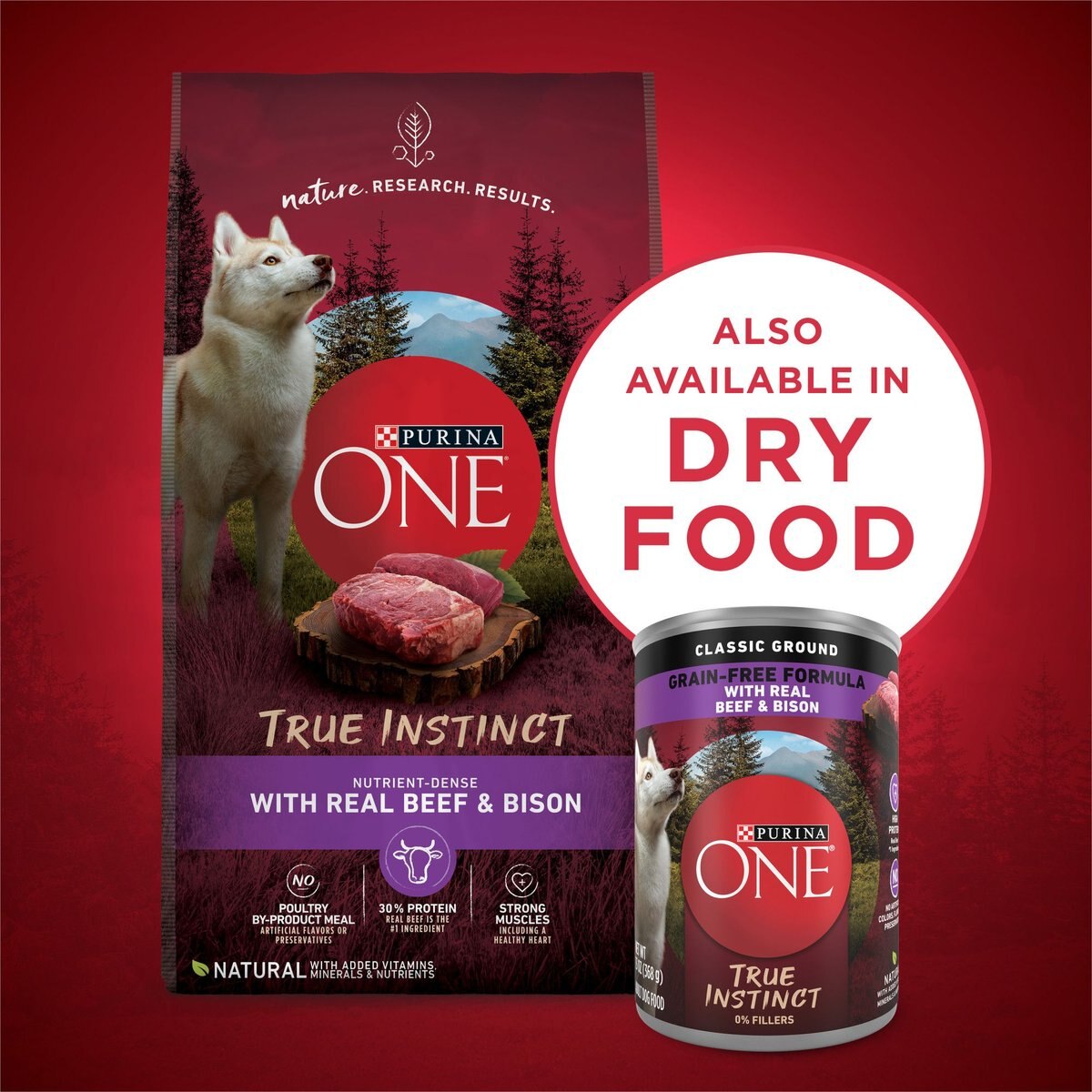 Purina ONE SmartBlend True Instinct Classic Ground Real Beef and Bison Grain-Free Wet Dog Food， 13-oz can， case of 12