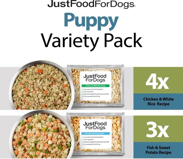 JustFoodForDogs Puppy Variety Pack Fish and Chicken Fresh Puppy Food， 18-oz pouch， case of 7  