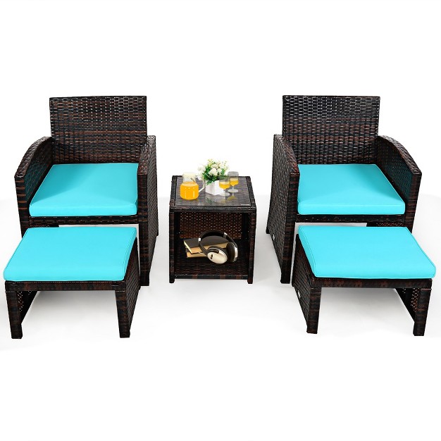 Costway 5pcs Patio Rattan Wicker Furniture Set Sofa Ottoman Cushion Turquoise