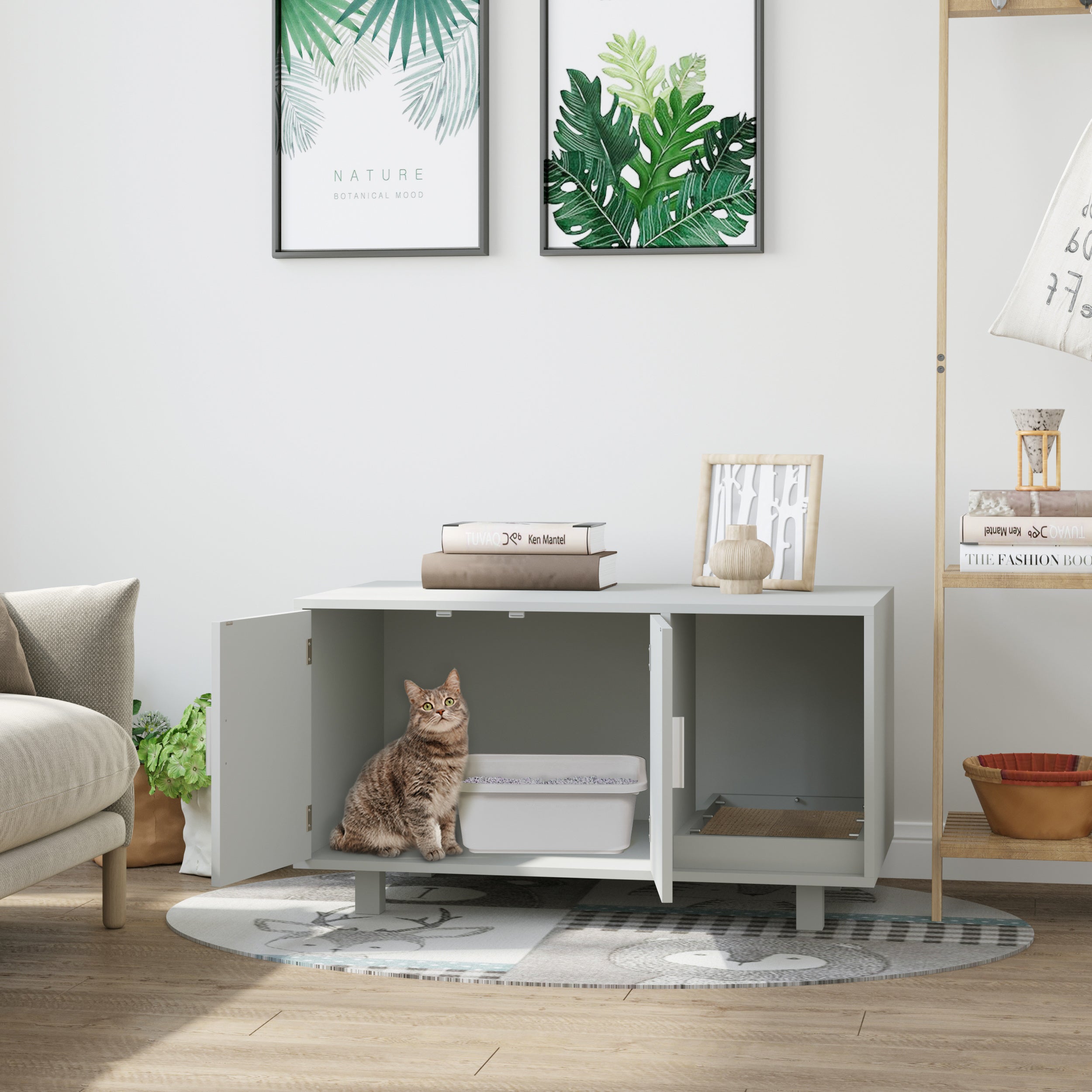 PawHut Cat Litter Box Enclosure and House w/ Nightstand/End Table Design， Grey