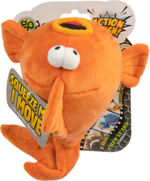 goDog Action Plush  Gold Fish Animated Squeaker Dog Toy， Orange Medium