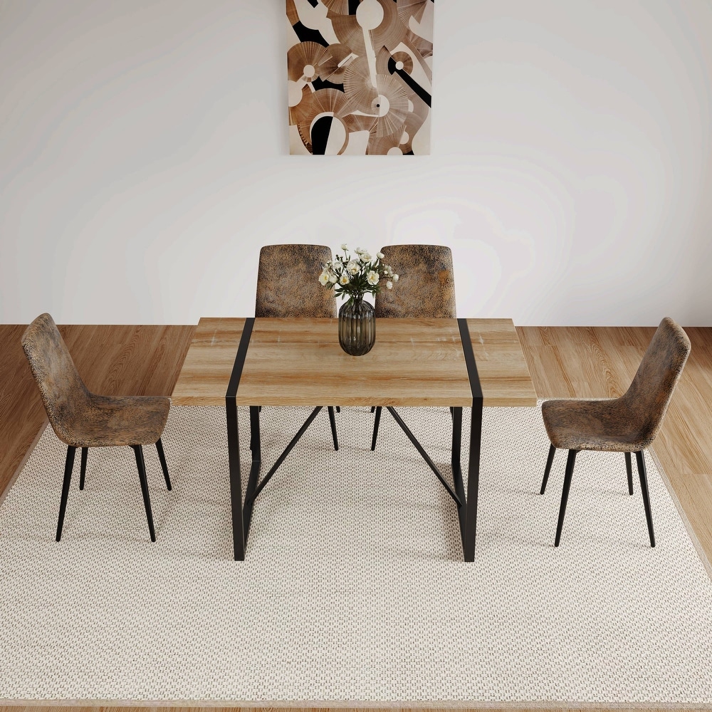 Modern 5 Piece Dining Table Sets with Rectangular Dining Table and Linen Upholstered Dining Chairs  for Living Room