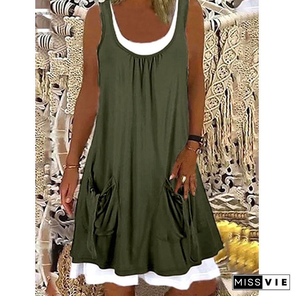 Xs-8Xl Summer Dress Plus Size Fashion Clothes Women's Casual Beach Wear Sleeveless Tank Top Dresses With Pockets Ladies Off Shoulder Stiching Layered Party Dress O-Neck Cotton Blending Loose Dress