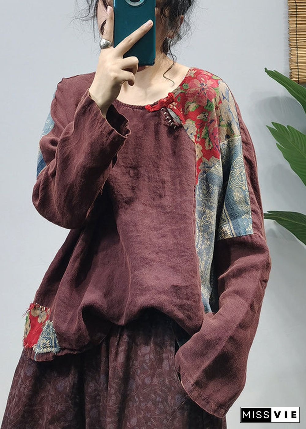 Fine Mulberry side open Patchwork Linen Blouses Long Sleeve