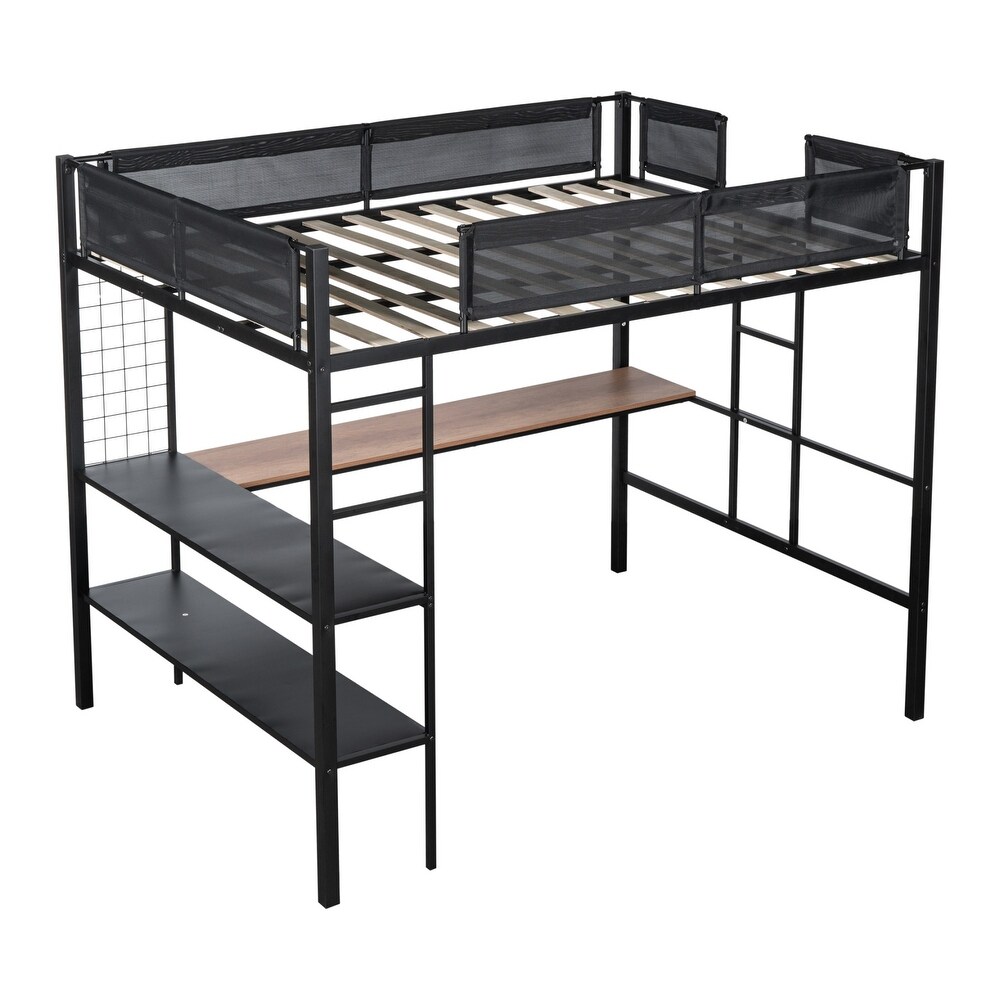 Metal Full Size Loft Bed with Desk   Shelves