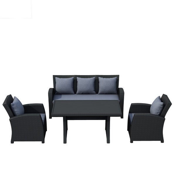 4-Piece Conversation Set Black Wicker Furniture Sofa Set with Dark Grey Cushions -  - 36005383