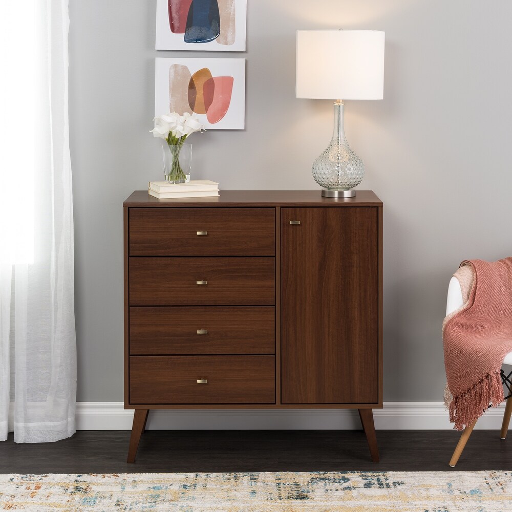 Prepac Milo Mid Century Modern 4 Drawer Combo Dresser  Chest of Drawers With Door  Contemporary Bedroom Furniture