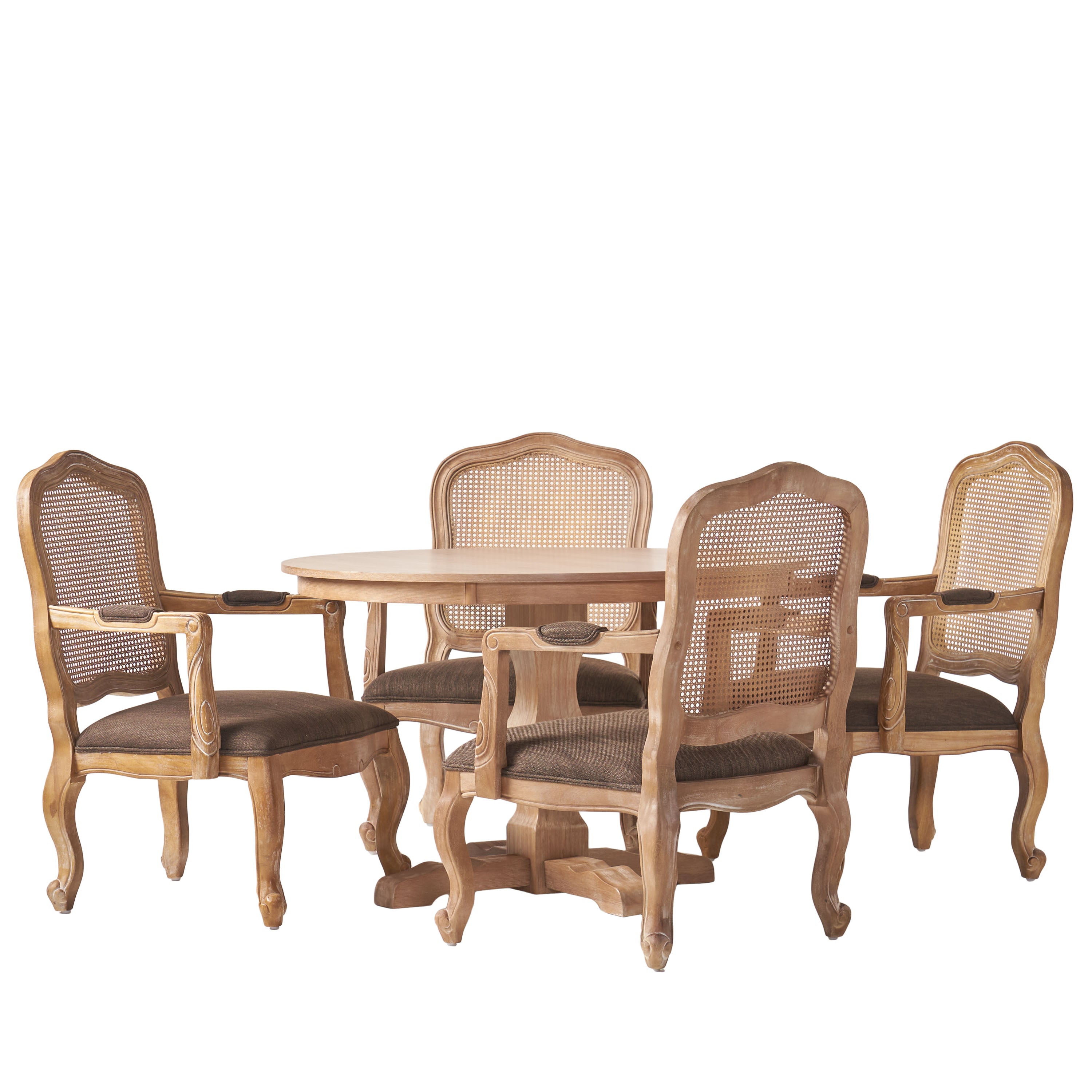 Absaroka French Country Fabric Upholstered Wood and Cane 5 Piece Circular Dining Set