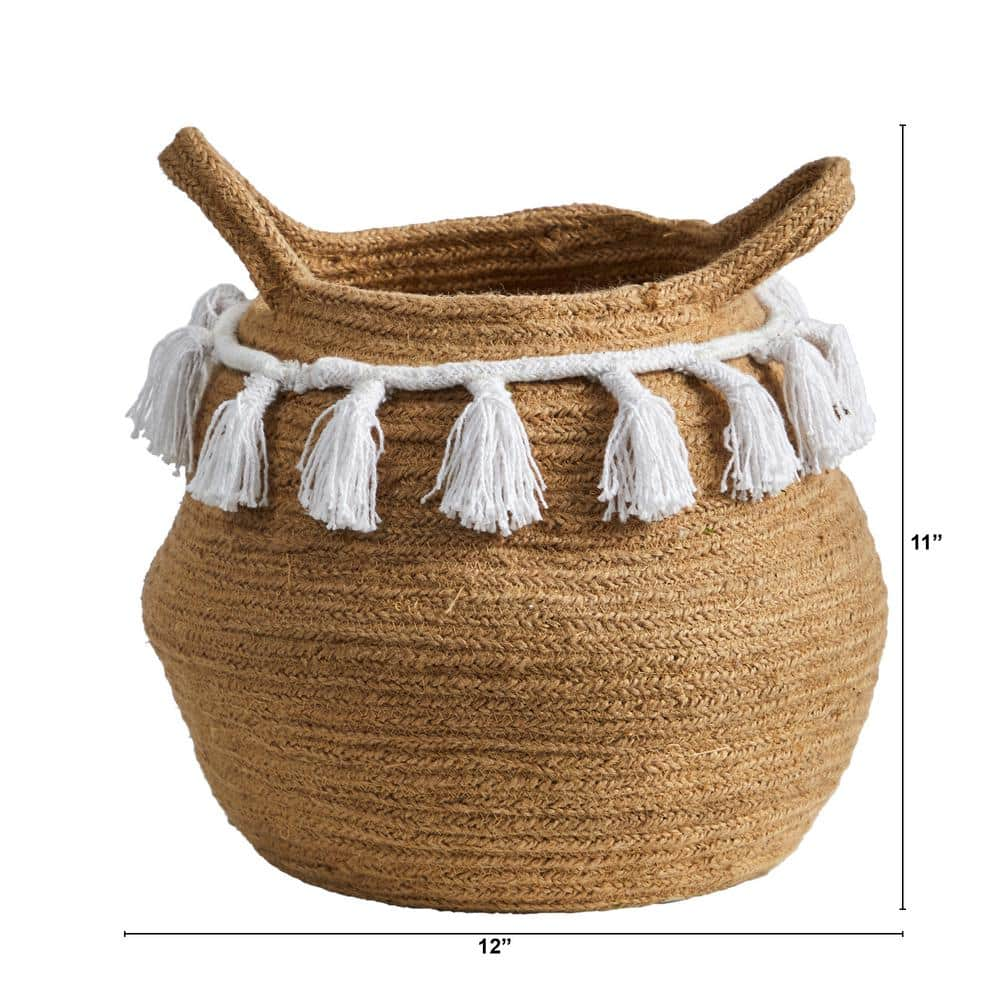 Nearly Natural 11 in. Natural Boho Chic Handmade Cotton Woven Basket Planter with Tassels 0830-S1