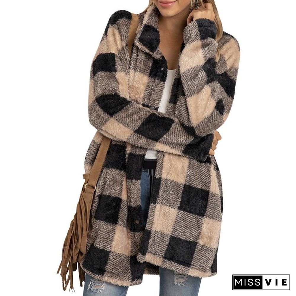 Winter Checked Women Jacket Down Overcoat Warm Plaid Long Coat Oversize Thick Woolen Blends Female Streetwear