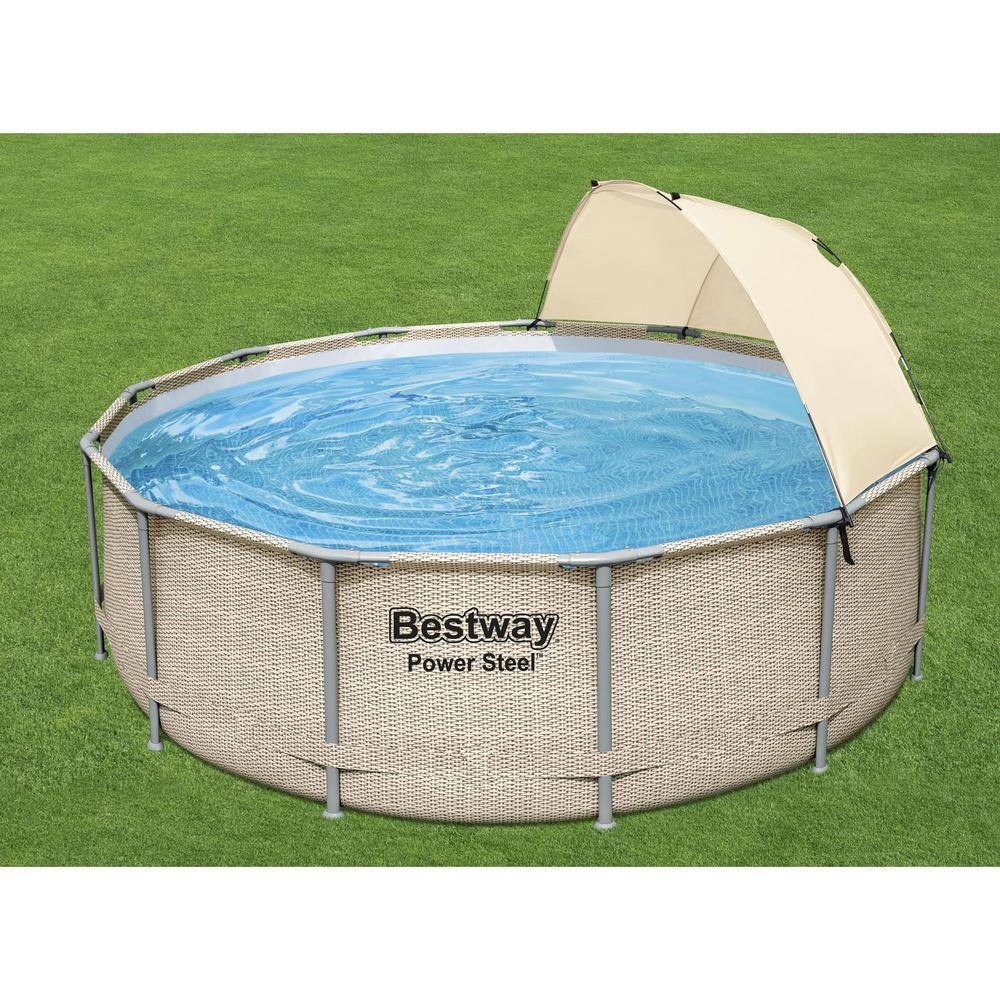 Bestway 5614UE-BW 13 ft. x 13 ft. Round 42 in. Deep Metal Frame Above Ground Outdoor Swimming Pool Set with Canopy