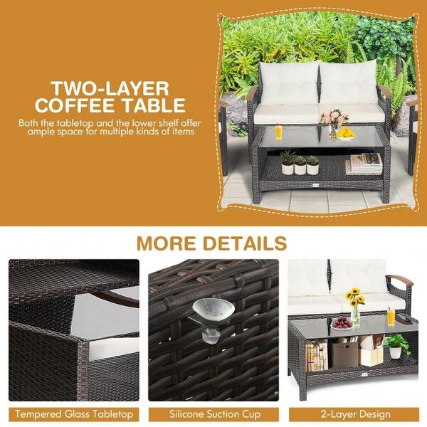 4 Pieces Patio Rattan Furniture Set with Cushioned Sofa and Storage Table - 46.5