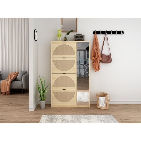 Natural Rattan Shoe Cabinet with 4 Tier Shoe Rack Storage Cabinet Wood 4 Door Free Standing Shoe Rack