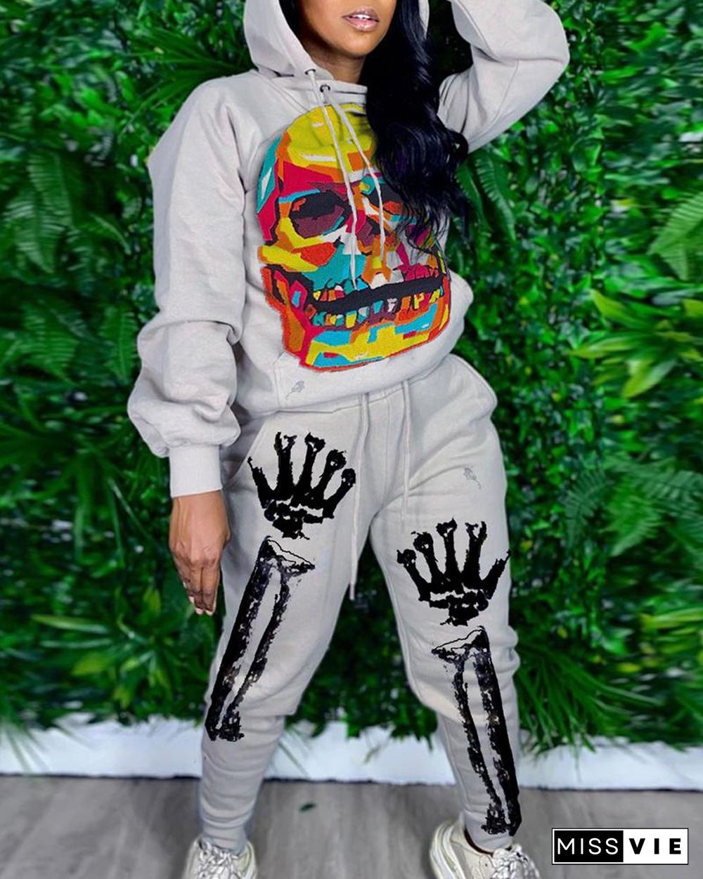 Halloween Skull Print Hooded Top & Drawstring Pants Set