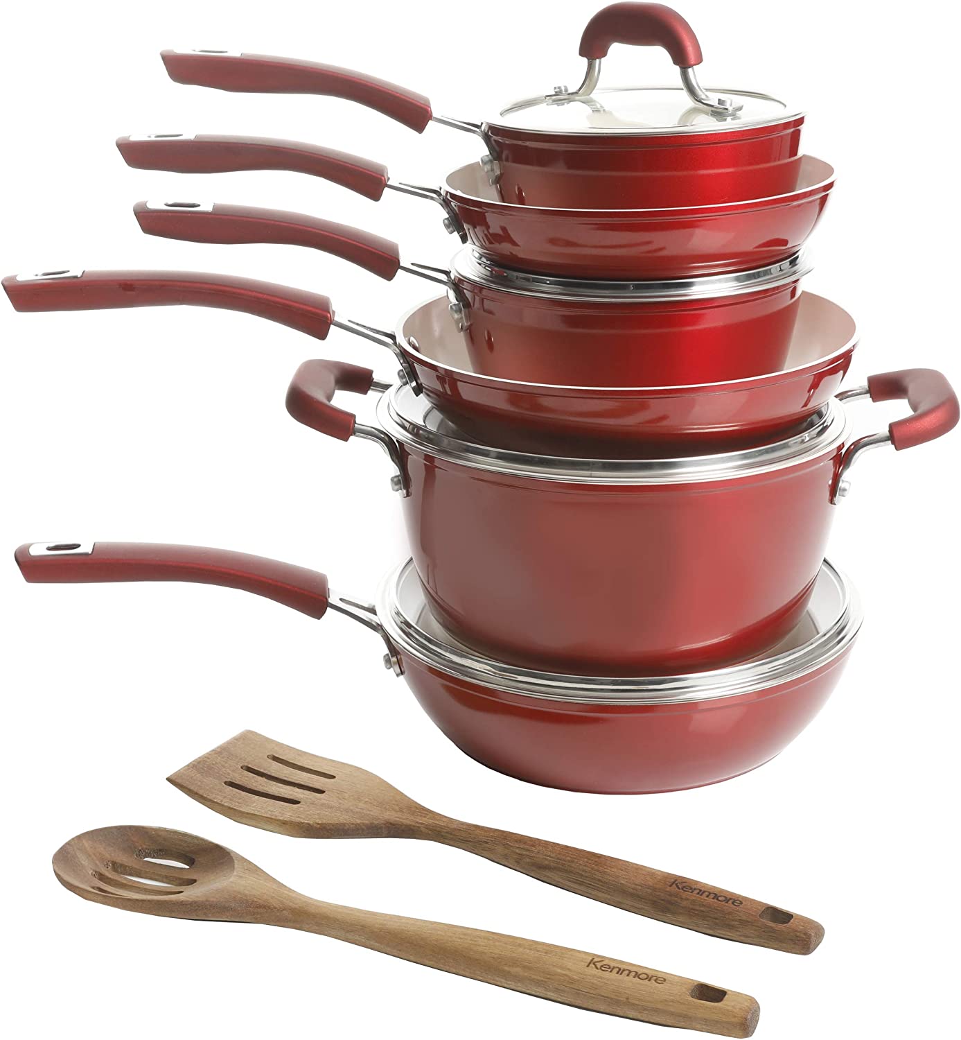 Kenmore Arlington Healthy Nonstick Ceramic Coated Forged Aluminum Induction Cookware， 12-Piece， Metallic Red