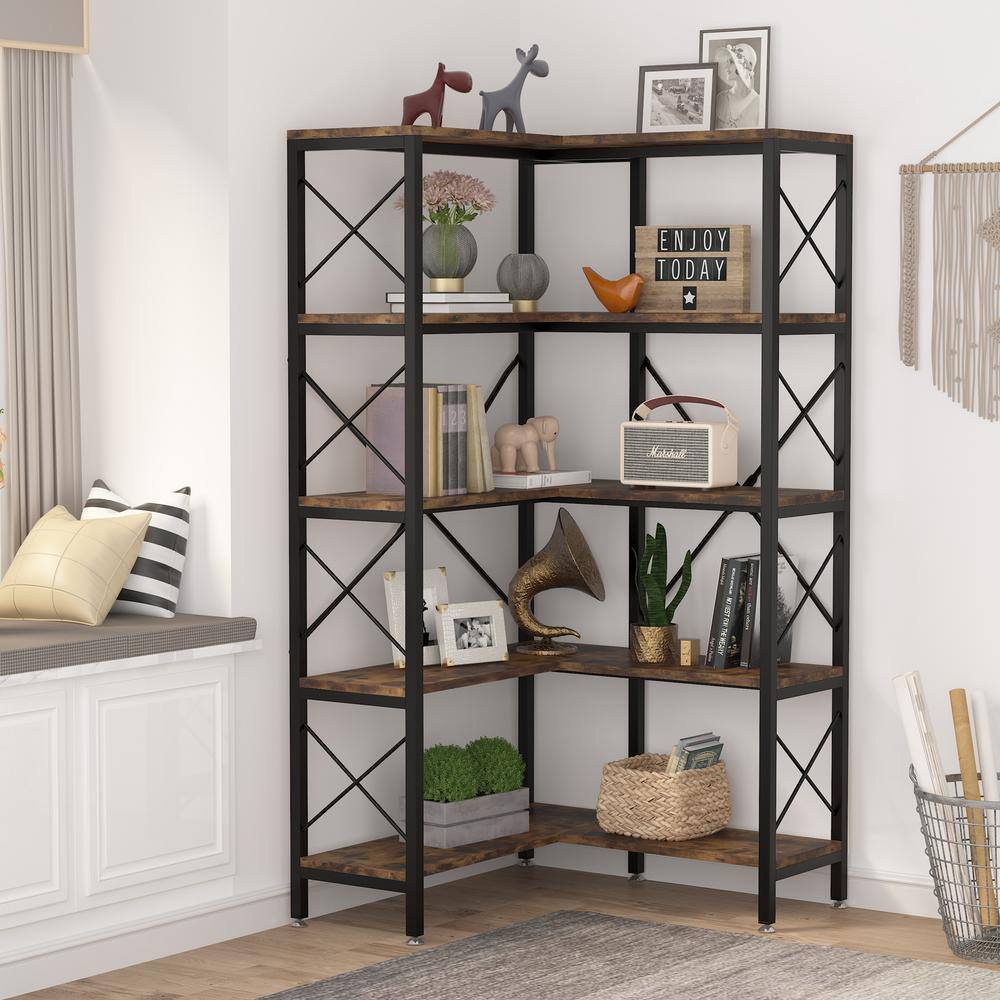 BYBLIGHT Eulas 65.74 in. BlackBrown Engineered Wood 5-Shelf Standard Corner Bookcase with Storage Display Rack for Living Room BB-JW0173XF