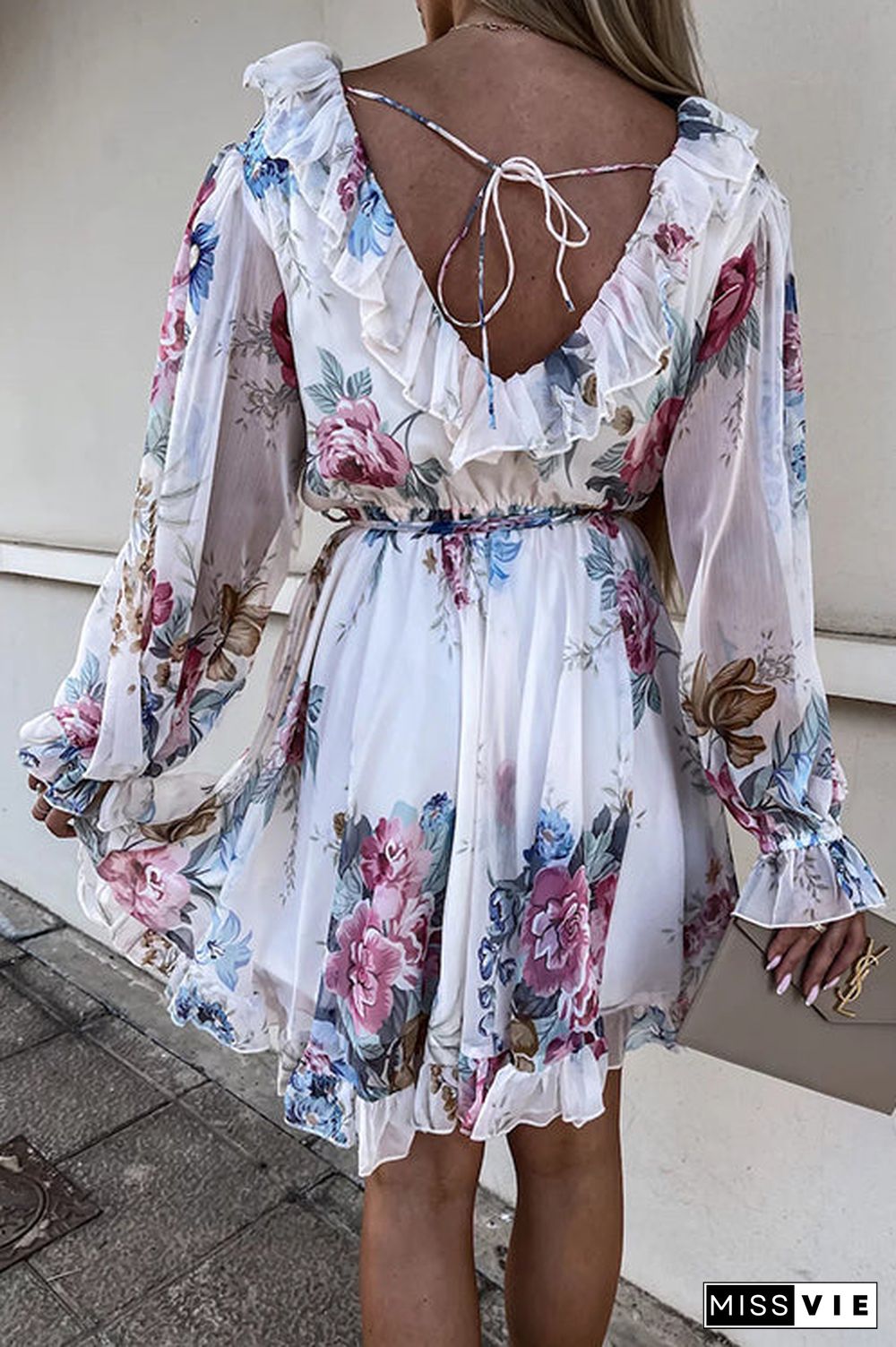 Ruffles Floral V Neck Long Sleeve Mini Dress