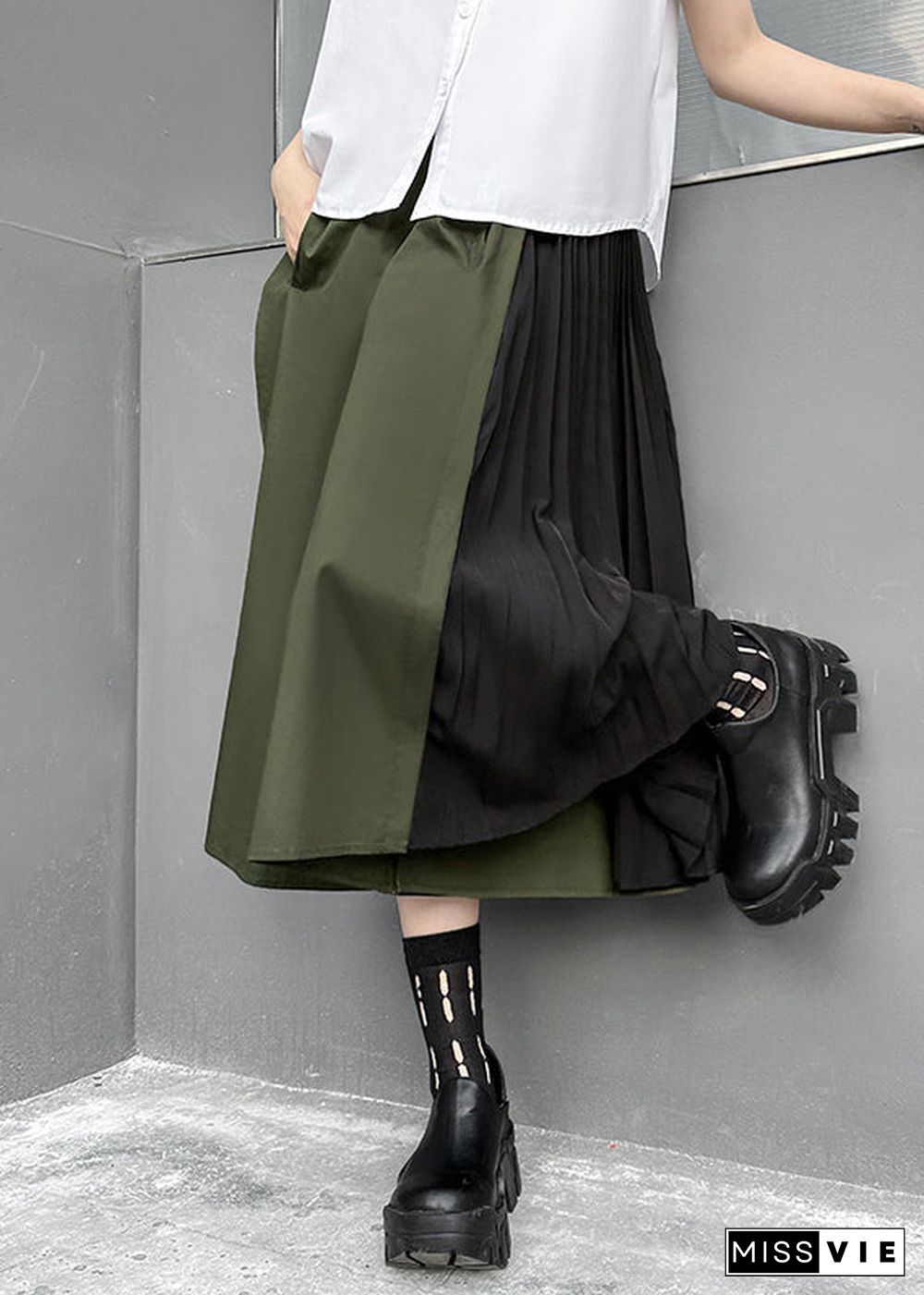 Loose Army Green Pockets Wrinkled Patchwork Cotton Pants Skirt Fall