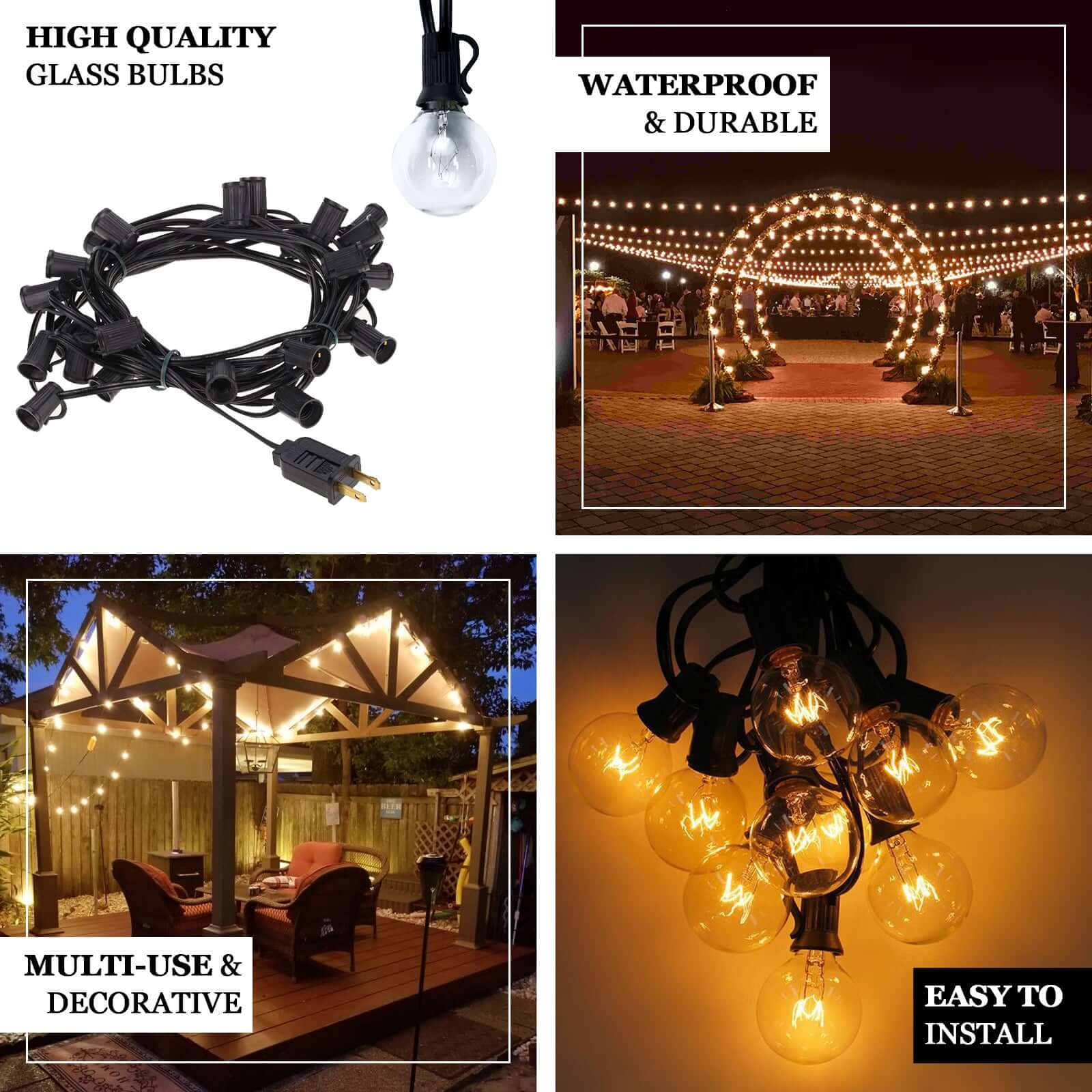 Warm White Connectable Hanging Outdoor or Indoor String Lights, Waterproof 120V With 28 Incandescent Glass Light Bulbs 25ft